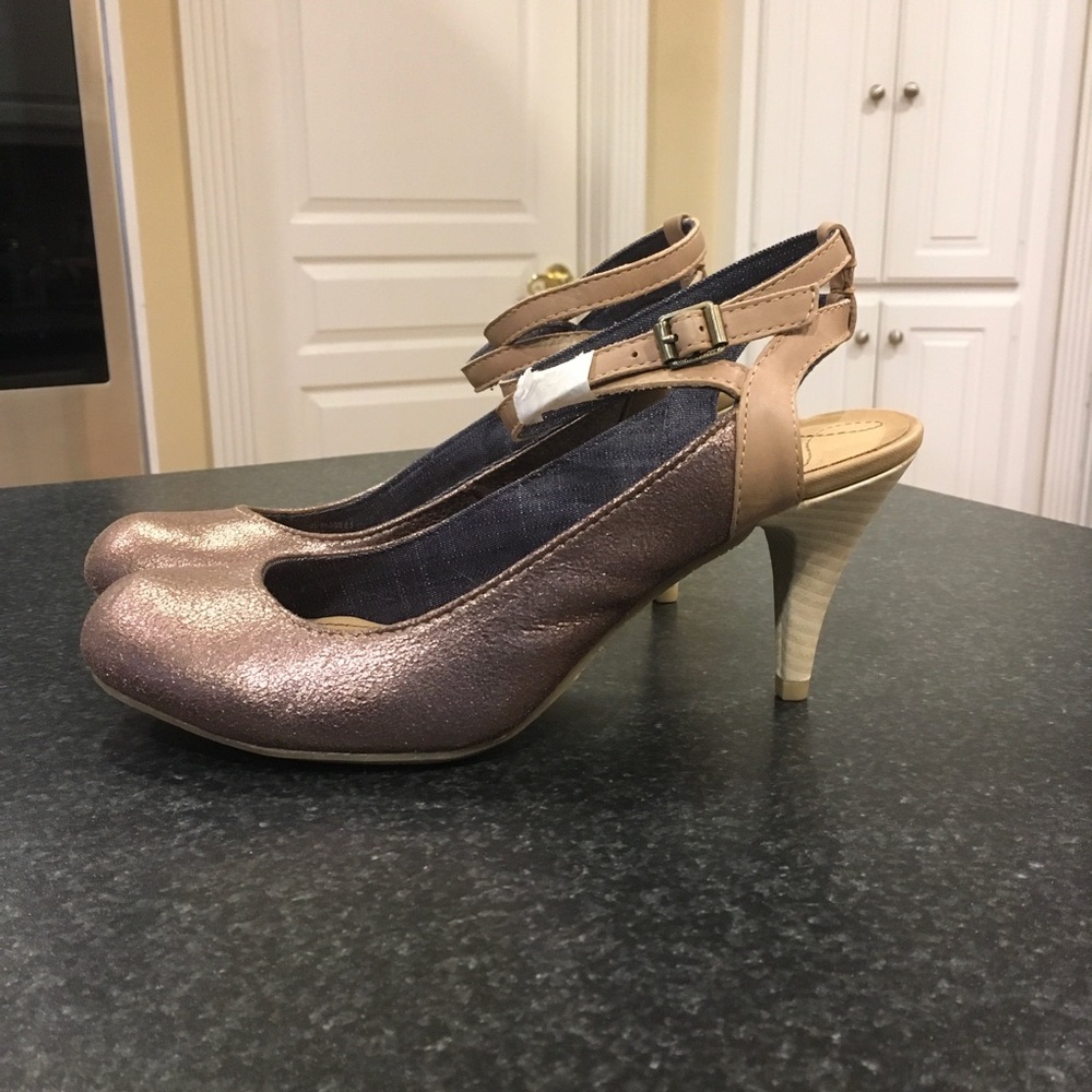 Metallic Rose Gold Ankle-strap Heels - Calvin Klein Jeans, size 8.5